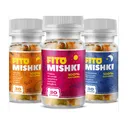 Tres frascos de Fito Mishki, naranja, rosa y azul, con la mención 100% Natural