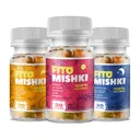 Tres frascos de FitoMishki, naranja, rojo y azul, de 30 gomitas