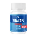 Frasco blanco con tapa azul de Vitacaps Slim, Innovative Formula