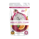 Bolsa blanca de Ola-Fit, suplemento sabor piña-coco, con pitahaya y naranja dibujadas