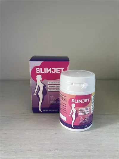Caja y bote de SlimJet sobre una mesa blanca