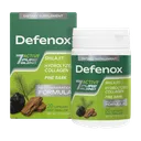 Caja verde y frasco de Defenox con trozos de shilajit y corteza de pino dibujados