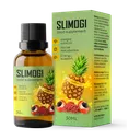 Caja amarilla y verde de Slimogi con su frasco cuentagotas de 30 ml